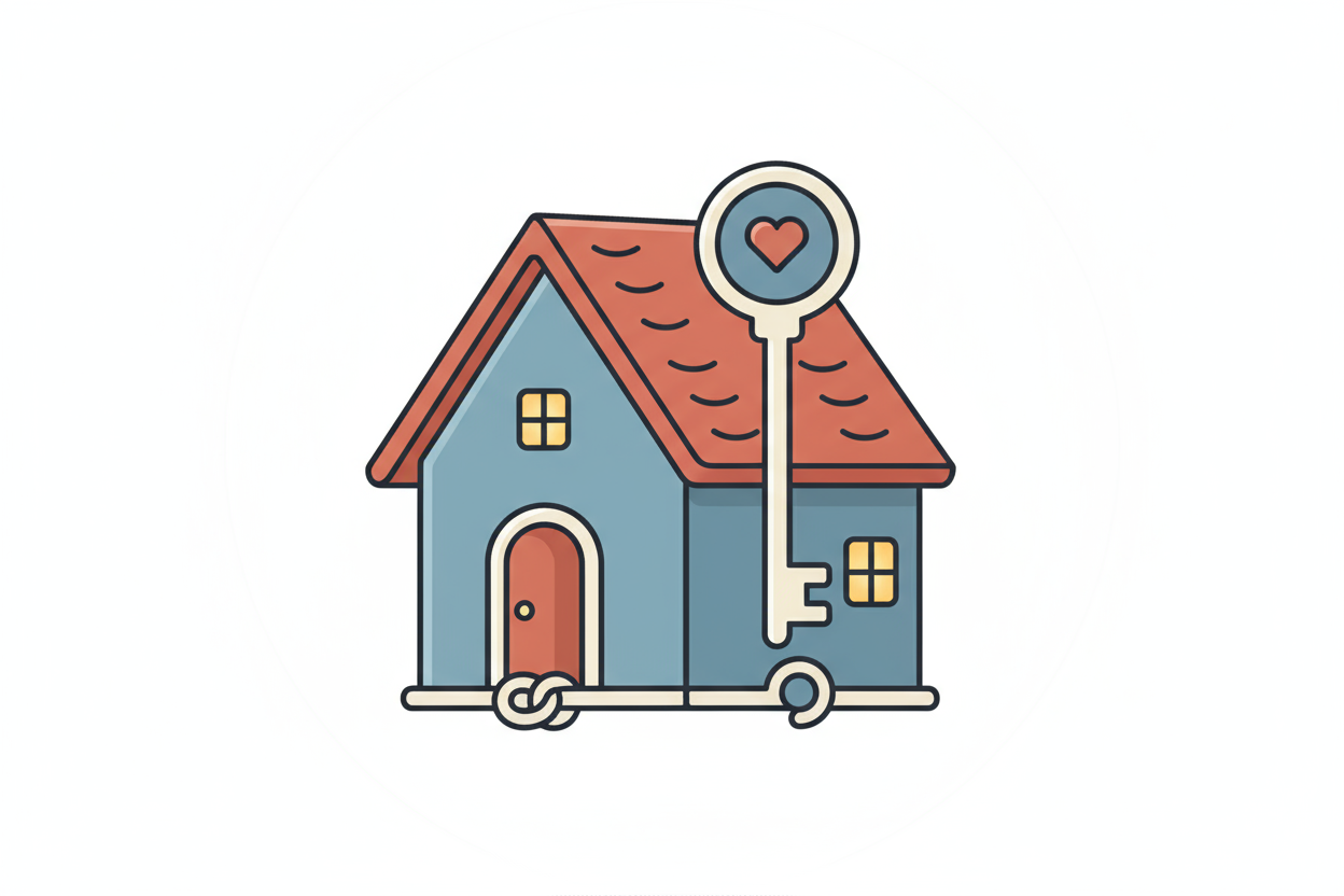 Une petite maison avec un symbole de clé